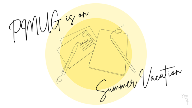 PMUG is on Summer Vacation / A continuous line drawing of a Parker Urban Twist Pen atop two post cards. Next to it is a tablet computer with a stylus resting on top. Bright yellow concentric circles representing the Summer sun is centered in the background. - Illustration by Michael Blank