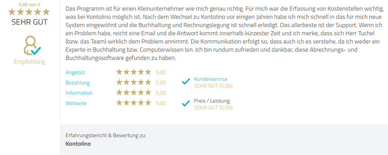 Eine neue 5-Sterne Bewertung für Kontolino! auf ProvenExpert, in der besonders unser Kundensupport hervorgehoben wird