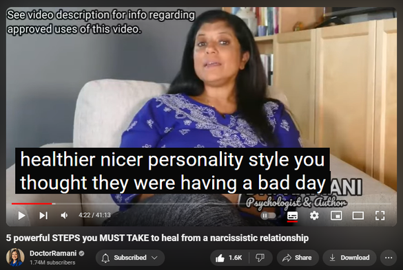 https://www.youtube.com/watch?v=MX0ugH_Gv-8
5 powerful STEPS you MUST TAKE to heal from a narcissistic relationship

 views  
28 Jul 2024
LONDON ENGLAND WORKSHOPS:
September 5-7, 2024
https://www.narcissistic-relationship...

NORTH CAROLINA RETREAT
November 1-3, 2024
https://artoflivingretreatcenter.org/...