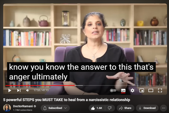 https://www.youtube.com/watch?v=MX0ugH_Gv-8
5 powerful STEPS you MUST TAKE to heal from a narcissistic relationship
 
 views  
28 Jul 2024
LONDON ENGLAND WORKSHOPS:
September 5-7, 2024
https://www.narcissistic-relationship...

NORTH CAROLINA RETREAT
November 1-3, 2024
https://artoflivingretreatcenter.org/...