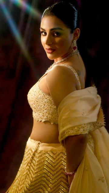 Samyuktha Menon shines in a captivating beige lehenga choli, embodying the perfect mix of tradition and contemporary style. The intricate details and rich texture of the outfit showcase her impeccable fashion sense. Samyuktha's graceful poses and radiant beauty make this look truly unforgettable. Dive into the elegance of her ensemble and find your own fashion inspiration.