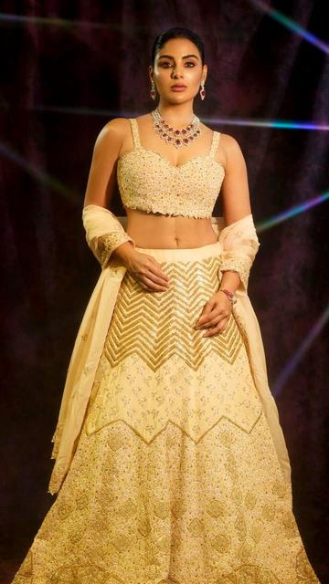 Samyuktha Menon's elegant beige lehenga choli is a true fashion statement. The intricate embroidery and luxurious fabric make this outfit a perfect blend of traditional and modern styles. Samyuktha's poised and graceful poses add to the allure of this stunning ensemble. Explore the beauty of her look and get inspired by her impeccable fashion sense.