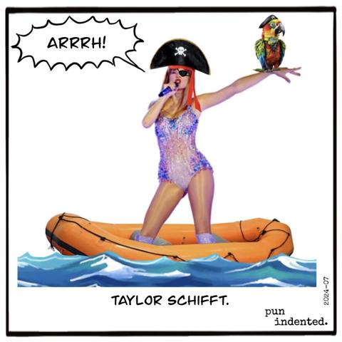 Ein Bild von Taylor Swift im Gummiboot mit Piratenhut, Papagei und Augenklappe. Bildunterschrift: Taylor schifft.