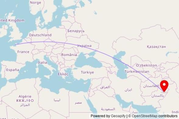 A map showing the great circle route from St. Clement in Jersey to a map pin at Church, Samundari-Gojra Road, Gojra 38100, Pakistan
