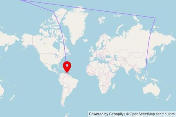 A map showing the great circle route from Sugkong in the Philippines to a map pin at Mount Saint Benedict, Saint John's Road, Curepe, Saint John's, 310407, Trinidad and Tobago