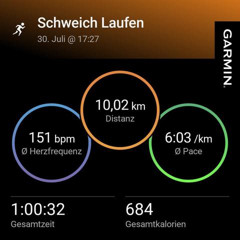 Garmin App Screenshot: Herzfrequenz 151 bpm, Distanz 10,02 km, Pace 6:03/km