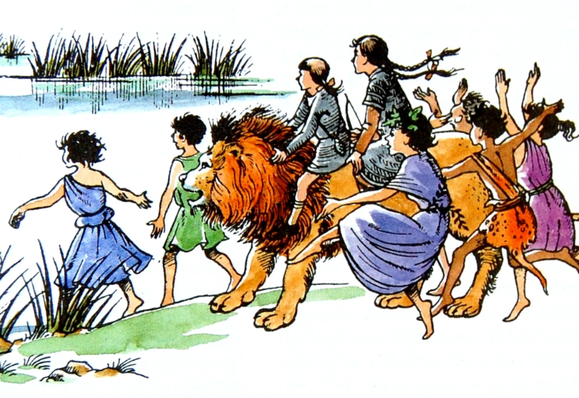 Photo of an illustration from PRINCE CASPIAN by CS Lewis. This image appears in Chapter 14. It depicts Susan and Lucy riding Aslan in the middle of a group of Maenads. Illustration by Pauline Baynes.