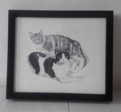 a painting of two cats in black and white, one black and white cow-type hair, the other a tabby type, laying in a ying yang type position, a white background, theyre looking at the viewer