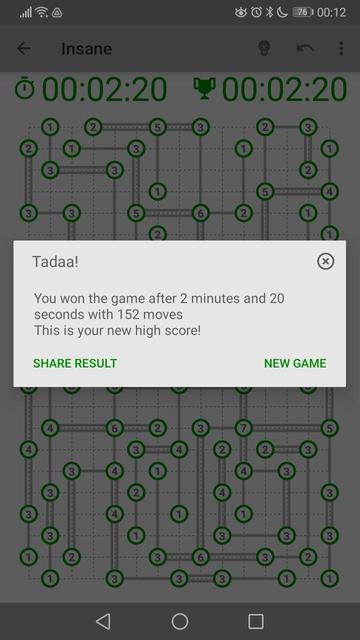 Screenshot of the end screen of "Hashi" (bridges), an Android puzzle game by Pipi Chick Studio, revealing a time of 2 minutes and 20 seconds for a game at 'insane' settings (15 x 22 board)