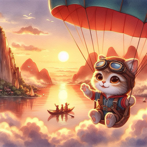 子猫がゴーグルを着けて、パラグライダーで夕焼けに照らされた雲海と大きな湖の上を静かに漂いつつ、湖面でボートを漕いでいる他の子猫に対してすれ違いざまに笑顔で手を振っている。