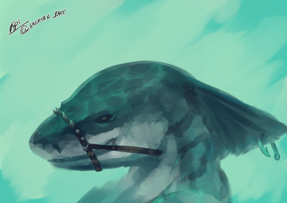 digital ilustration(close up portrait) of a shark-like anthropomorphic creature, who is wearing a spiked strap muzzle. They have some visible scarring, most notably an X shaped one near the left shoulder, they also have a teal hook stuck in their fin