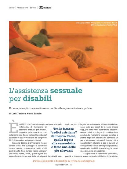 Pagina 50 del numero 2024-4 della rivista Nessun Dogma, disponibile in formato PDF nel sito rivista.nessundogma.it.

Titolo dell'articolo: L'assistenza sessuale per disabili