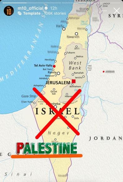 
Eine Karte von Israel und Palästina mit einem roten "X" über Israel und dem Wort "Palästina" unten in grünen und roten Buchstaben.