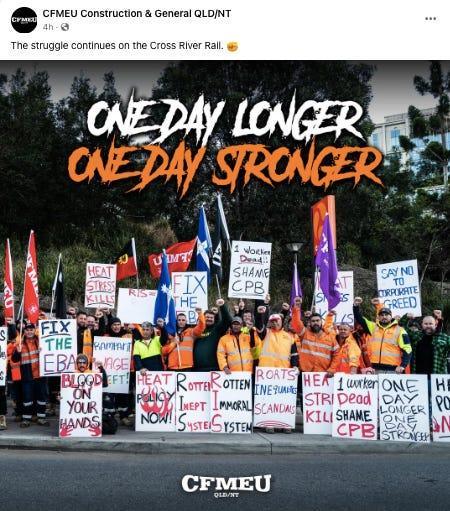 CFMEU Construction & General QLD/NT
Members on picket line 
One Day Longer 
One Day stronger
