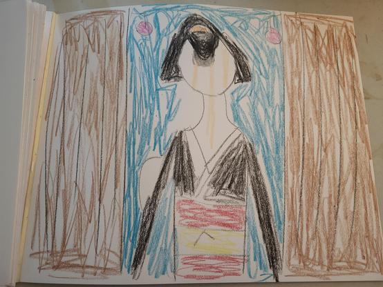 Geisha/geiko woman walking in Gion Kobu in crayons