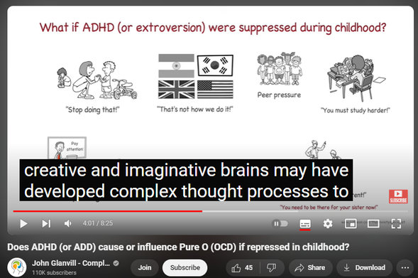 https://www.youtube.com/watch?v=ip-fXAoqkik
Does ADHD (or ADD) cause or influence Pure O (OCD) if repressed in childhood?
774 views  27 Jul 2024  #pureocd #ocdtreatment #ocd
My full essay can be accessed here   / light-blue-touch-107380992  

It is my experience, from two decades as an OCD therapist (and recovering from OCD myself) that very often, a person with Pure O OCD (which includes harm OCD, relationship OCD, sexual OCD, religious OCD and Contamination OCD) had ADD or ADHD in childhood but learned how to pretend to pay attention and fit in rather than remaining carefree and spontaneous as a child might find that all their repressed anger, frustration and unfulfilled imaginative creativity may express as Pure OCD with unrequested thoughts and scary ruminations. 

ADHD (Attention Deficit Hyperactivity Disorder) and ADD (Attention Deficit Disorder) are neurodevelopment disorders that can affect both children and adults. People with ADHD may have difficulties with paying attention, controlling impulsive behaviours, and may be overly active. On the other hand, ADD is sometimes used to describe the inattentive subtype of ADHD. It's important to note that these conditions can vary greatly from person to person and may present differently in different individuals. Seeking professional help and getting an accurate diagnosis is essential for developing an appropriate treatment plan that may include therapy, medication, and behavioural interventions.
