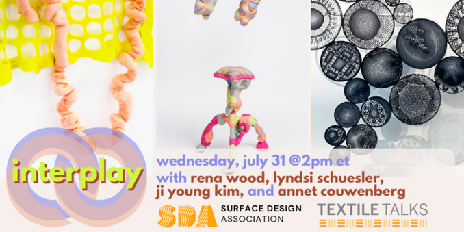 Promo slide with text (lecture info, all in post) over background of artwork. Left, a pale image of two disks on a thick twisted loop. Center, a standing multi footed mushroom shape in bright colors. Right, close up of buttons in blacks and white. I could be wrong.