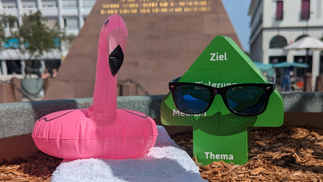 Rechts steht der grüne NaWik-Pfeil mit einer aufgesetzten Sonnenbrille. Links davon sitzt ein kleiner aufgeblasener Plastikflamingo. Im Hintergrund sieht man die Pyramide in Karlsruhe.