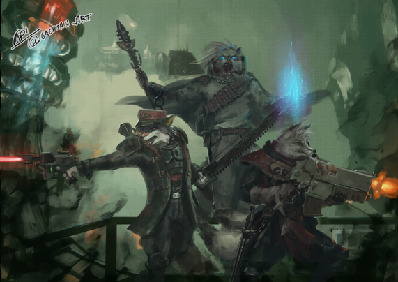 digital illustration, a composition of three anthropomorphic figures as a commisar,psyker and zealot from the game Darktide, set in the warhammer 40k universe, the commissar firing a lasgun to his right (left of the illustration) with the zealot firing a bolter on the opposite direction, the psyker floats inbetween the two starting to summon a lightning strike, the enviroment features a floating imperial ship on the back, a coil near the viewer, and a nurgle fly infestation coming from the camera and the surroundings of the three characters