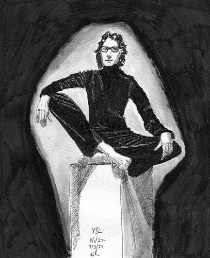 Pen/ink & brush drawing of a young Yves Saint Laurent, seated on a plinth, wearing a black turtleneck and loose black pants, barefoot.