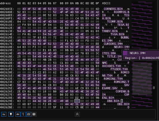 Screenshot of hex editor (ImHex) while reverse engineering the Neuromancer PC DOS game.