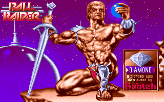 Loading screen of the video game Ball Raider, showing a muscular man with a small amount of armour holding a sword in one hand and a ball in the other.