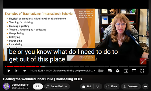 https://www.youtube.com/watch?v=fW04ttFtBlY
Healing the Wounded Inner Child | Counseling CEUs
3,047 views  28 Jul 2024  #cognitivebehavioraltherapy #selfhelp #counseling
Healing the Wounded Inner Child Dr. Dawn-Elise Snipes, PHD, LPC-MHSP, LMHC
📢SUBSCRIBE,  👍👍 Like  and click the BELL to get notified when new videos are uploaded. 
If this video has helped you, please donate to support the channel Cashapp: 💲DocSnipes  or at https://DocSnipes.com/Donate  
💻 Unlimited online CEU courses for $59 based on this video can be found at  https://AllCEUs.com 
Find more information on this topic by asking my AI: AllCEUs.com/DocSnipes-AI


Doc Snipes is a Licensed Professional Counselor and Qualified Clinical Supervisor focusing on neurobiology, holistic approaches to recovery, the impact of trauma on all PIECES of life: Physical Interpersonal, Emotional, Cognitive, Environmental, Spiritual.  .  She received her PhD in Mental Health Counseling from the University of Florida in 2002.  In addition to being a practicing clinician, she has provided training to counselors, social workers, nurses and case managers internationally since 2006 through AllCEUs.com 

Introduction

0:00 - 0:32: Introduction by Dr. Donal Snipes.
0:33 - 1:10: Overview of the inner child and behaviors that can traumatize it.
Understanding the Inner Child