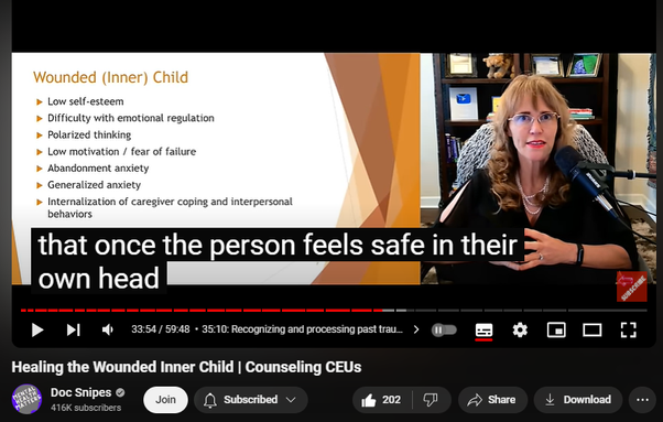 https://www.youtube.com/watch?v=fW04ttFtBlY
Healing the Wounded Inner Child | Counseling CEUs
3,047 views  28 Jul 2024  #cognitivebehavioraltherapy #selfhelp #counseling
Healing the Wounded Inner Child Dr. Dawn-Elise Snipes, PHD, LPC-MHSP, LMHC
📢SUBSCRIBE,  👍👍 Like  and click the BELL to get notified when new videos are uploaded. 
If this video has helped you, please donate to support the channel Cashapp: 💲DocSnipes  or at https://DocSnipes.com/Donate  
💻 Unlimited online CEU courses for $59 based on this video can be found at  https://AllCEUs.com 
Find more information on this topic by asking my AI: AllCEUs.com/DocSnipes-AI


Doc Snipes is a Licensed Professional Counselor and Qualified Clinical Supervisor focusing on neurobiology, holistic approaches to recovery, the impact of trauma on all PIECES of life: Physical Interpersonal, Emotional, Cognitive, Environmental, Spiritual.  .  She received her PhD in Mental Health Counseling from the University of Florida in 2002.  In addition to being a practicing clinician, she has provided training to counselors, social workers, nurses and case managers internationally since 2006 through AllCEUs.com