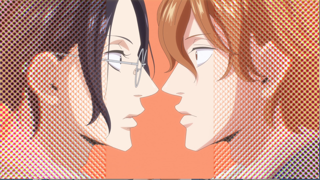 Two teenage boys (Ghichi and Kikuchihara) with surprised expressions after they accidentally kissed after getting too close together in a tense moment.