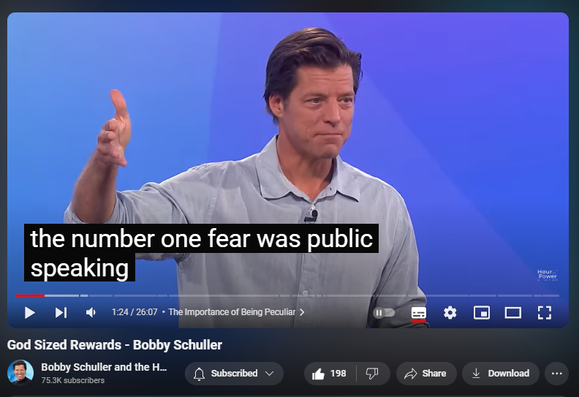 https://www.youtube.com/watch?v=00t3pRmYYjY
God Sized Rewards - Bobby Schuller
4,196 views  27 Jul 2024  IRVINE
Get ready to discover the unexpected with Bobby Schuller. Learn why uncommon people get uncommon rewards in this inspiring video. Pastor Bobby teaches on the importance for your life of being uncommon, with his message, “Uncommon People Get Uncommon Rewards.” This characteristic is necessary and helpful in your spiritual life, and is the key to being a happy person. Bobby shares five ideas to help gain freedom from people.

🔗 Full service:    • Uncommon People Get Uncommon Rewards ...  
 
🔔 Subscribe for weekly inspiration: https://bit.ly/3yMUtEr
💪 Support Hour of Power: https://bit.ly/3xY2eKf

Connect with us on social media:    • Fire Thrives on Obstacles - Hour of P...  
📘 Facebook: https://bit.ly/3zxnC6O
📸 Instagram: https://bit.ly/3FFf3ut

Dive into Pastor Bobby Schuller's impactful sermons, offering profound Christian teachings and Bible lessons for today's world. Experience faith-based inspiration and guidance on your spiritual journey. Our channel is a sanctuary for worship teachings and Christian guidance. Whether you're new to Christian motivation or seeking deeper Bible study insights, this is your online church home. Subscribe now and embrace the Christian hope we share.