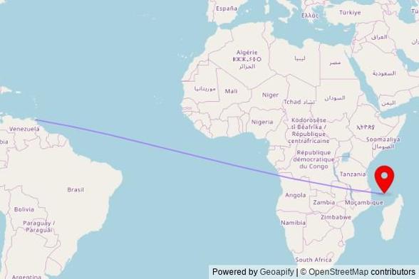 A map showing the great circle route from Rambert Village in Trinidad and Tobago to a map pin at مسجد لينكني, Lingoni, Anjouan, Comoros