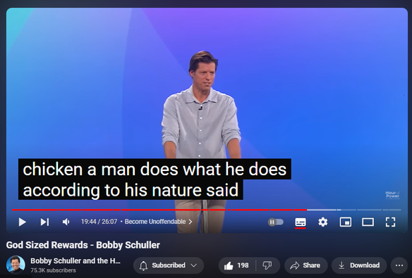 https://www.youtube.com/watch?v=00t3pRmYYjY
God Sized Rewards - Bobby Schuller


4,196 views  27 Jul 2024  IRVINE
Get ready to discover the unexpected with Bobby Schuller. Learn why uncommon people get uncommon rewards in this inspiring video. Pastor Bobby teaches on the importance for your life of being uncommon, with his message, “Uncommon People Get Uncommon Rewards.” This characteristic is necessary and helpful in your spiritual life, and is the key to being a happy person. Bobby shares five ideas to help gain freedom from people.

🔗 Full service:    • Uncommon People Get Uncommon Rewards ...  
 
🔔 Subscribe for weekly inspiration: https://bit.ly/3yMUtEr
💪 Support Hour of Power: https://bit.ly/3xY2eKf