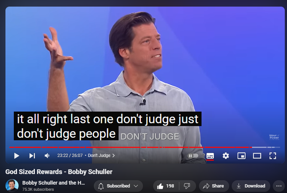 https://www.youtube.com/watch?v=00t3pRmYYjY
God Sized Rewards - Bobby Schuller

4,196 views  27 Jul 2024  IRVINE
Get ready to discover the unexpected with Bobby Schuller. Learn why uncommon people get uncommon rewards in this inspiring video. Pastor Bobby teaches on the importance for your life of being uncommon, with his message, “Uncommon People Get Uncommon Rewards.” This characteristic is necessary and helpful in your spiritual life, and is the key to being a happy person. Bobby shares five ideas to help gain freedom from people.

🔗 Full service:    • Uncommon People Get Uncommon Rewards ...  
 
🔔 Subscribe for weekly inspiration: https://bit.ly/3yMUtEr
💪 Support Hour of Power: https://bit.ly/3xY2eKf