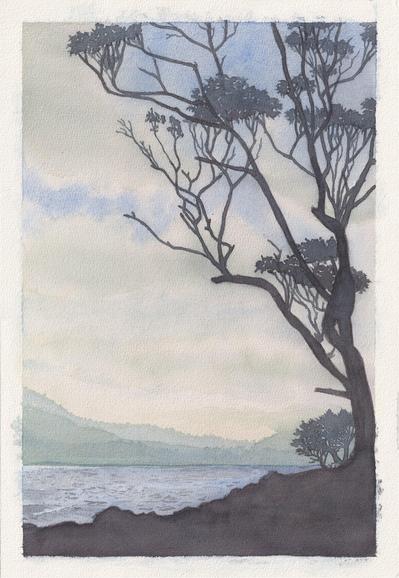 A watercolor painting of a silhouetted tree overlooking a hilly coastal inlet, set in the late afternoon.