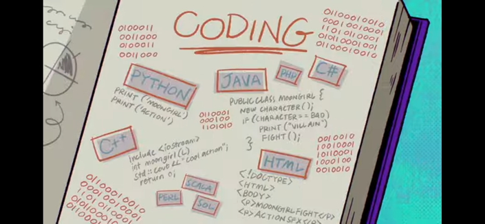 Screenshot from the Marvel Moon Girl and Devil Dinosaur short video on YouTube about computer programming showing a page in her hand-written journal entitled ‘Coding’ with various programming language references: Java, HTML, Python,  etc.