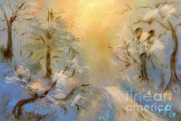 After a frigid, snowy night on top of Blue Knob Mountain … a walk along the path from the cabin will bring you to a world that you've never seen … and may never see again. The golden glow of the morning sun as she sifts through the frigid frosty air contrasts against the glowing blues of the ice-coated grasses and leaves. All working together to create an instant of magic … something only you see … and that you'll never forget. Blink, and it'll be gone.

Awfully happy that "Sunrise In Silver And Gold" tied for third place in the 8/1/2024 "The Land of Fantasy" contest at #FineArtAmerica!  My thanks to contest administrator, Alexandra Vusir. and everyone who voted for my image.  Congratulations to the other winners, as well!!!  

See it and all the products it's available on at my website:  https://lois-bryan.pixels.com/featured/sunrise-in-silver-and-gold-lois-bryan.html

As well as at Fine Art America:  https://fineartamerica.com/featured/sunrise-in-silver-and-gold-lois-bryan.html

Btw, this is one of those crazy things I did completely from my imagination, hand-painted, digitally, in #CorelPainter ... no photos were harmed, and no Ai programs were used 😁.  It's an imagined vision of the little road that leads up from our cabin at #BlueKnob in Central #Pa (#LaurelHighlands) to the main road to the lodge.

#winter #sunrise #BlueKnob #snow #digitallyhandpainted #LoisBryan #impressionism #abstract #colorful #AYearForArt #BuyIntoArt #snow #ice #morning #LaurelHighlands #BlueKnob 