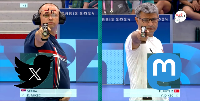 screenshot i took of a split screen during shooting with air pistol competition at the 2024 Olympics in Paris. 

on the left is Damic Mikec from Serbia, decked out in his country's track suit, specialized shooting eye gear and noise-cancelling ear protectors. over his shooting card, i superimposed an image of the unofficial logo of Xitter. 

on the right, the man of the meme moment, Yusuf Dikec. he is wearing Turkey's humble t-shirt and his prescription glasses. not seen are the ear plugs that are regulation for athlete sharpshooters. over his shooting card, i superimposed Mastodon's logo.