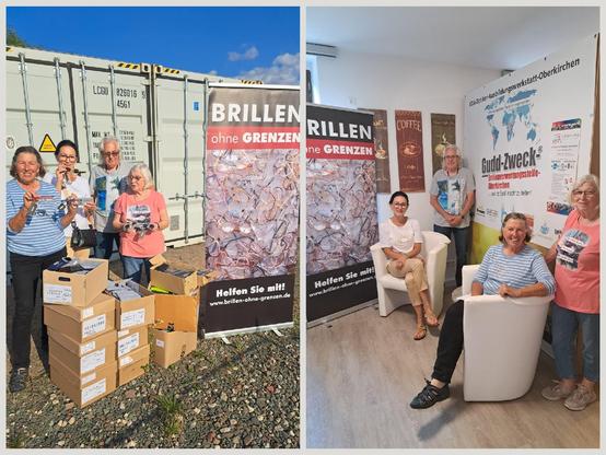 Collage aus 2 Fotos. Auf einem steht 4 Personen vor einem lindgrünen Container, vor sich ca. 10 Kartons mit Brillen, der Himmel darüber strahlend blau. Daneben ein Rollup von Brillen ohne Grenzen. Auf dem zweiten Foto sitzen die gleichen Personen, 3 Frauen und ein Mann in einem Café und schauen in die Kamera. Im Hintergrund Plakate verschiedenen Hilfsprojekte.