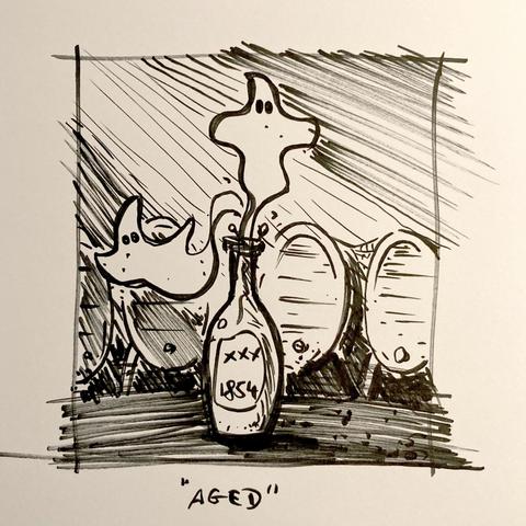 Zwei Cartoongeister entweichen aus einer alten Flasche mit dem Etikett &quot;xxx 1854&quot; in einem angedeuteten Keller mit Weinfässern im Hintergrund