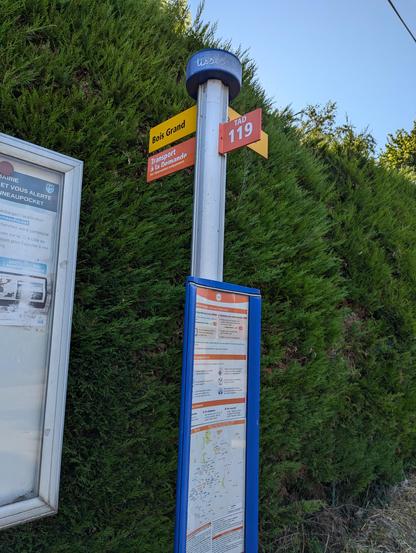 Arrêt de bus "Bois Grand" sur la commune de Clermont le Fort, desservi par le transport à la demande 119.