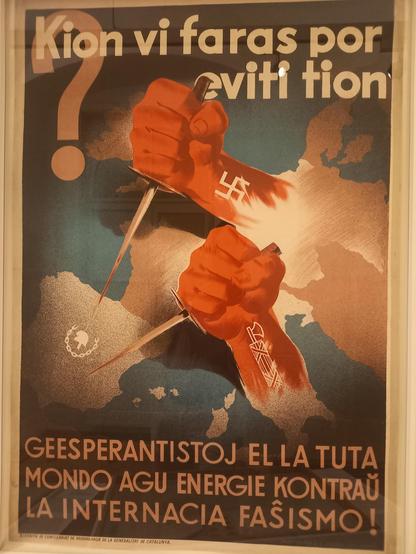 Poster from the time of the Spanish Civil War calling on Esperantists to act against the spread of fascism.