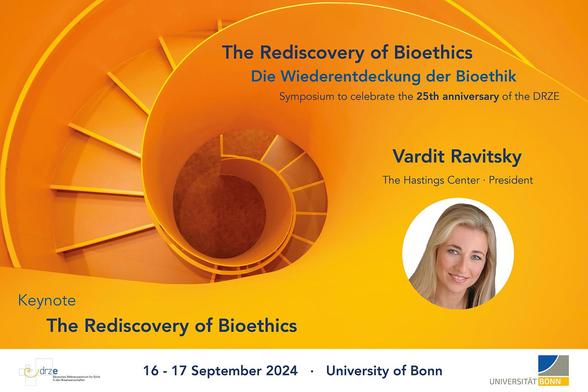 Bild mit dem Keynote-Titel „The Rediscovery of Bioethics“ (c) DRZE unter Verwendung eines Bildes von Unsplash.com/Rolf Hecken