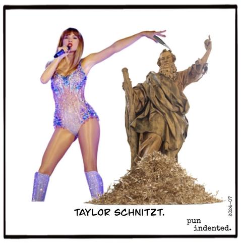 Ein Bild von Taylor Swift mit einem Schnitzmesser in der Hand neben einer religiösen Holzskulptur. Bildunterschrift: Taylor schnitzt.