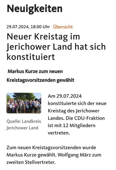 Screenshot der Homepage des CDU-Kreisverbands Jerichower Land in Sachsen-Anhalt zur konstituierenden Sitzung des dortigen Kreistags.