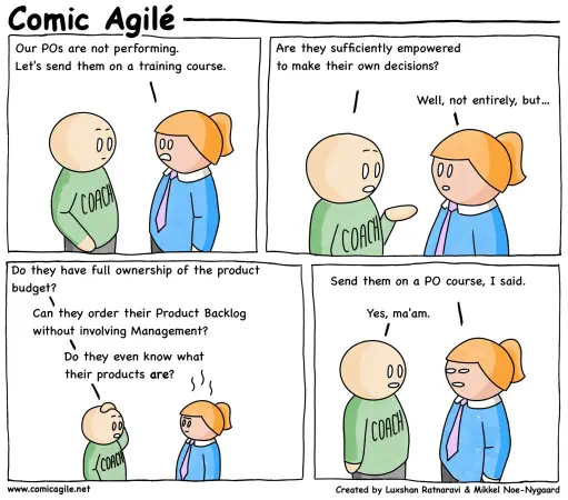 A comic strip titled "Comic Agile" depicts a character labeled "Coach" discussing the shortcomings and training needs of Product Owners (POs) with a colleague.