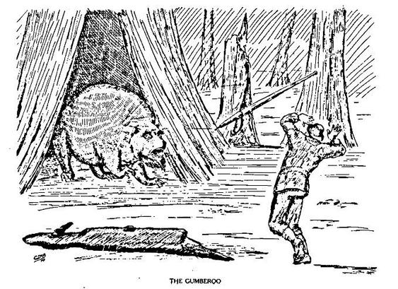 Illustration of a man failing to attack a gumberoo