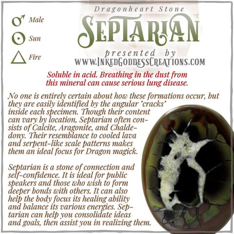 One half of a split Septarian specimen sits against a white background. The outer layer is brown, with an inner layer of green and black minerals. The innermost mineral is white and has grown into the fractures in the other layers. The text explains Septarian's metaphysical correspondences, some trivia about it, and ways to use it in your magickal practice. Presented by Inked Goddess Creations.