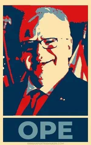 An Obama-style poster of Tim Walz, Kamala Harris's VP pick. Instead of HOPE it says OPE at the bottom, because midwest.