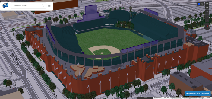 3D rendering of Coors field from OpenStreetMap data. The stadium is rendered with quite a bit of details, including trees, flag poles, the stands, and scoreboards.