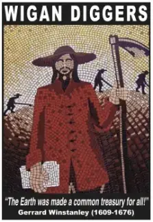 The logo for the Wigan Diggers Festival, featuring a painting of Gerrard Winstanley with the words "The Earth was made a common treasury for all" - Gerrard Winstanley.